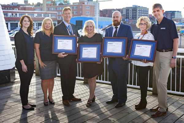 From left: Jessica MacDonald, business and community engagement co-ordinator, WorkSafeNB; Shelly Dauphinee, vice-president of WorkSafe Services, WorkSafeNB; Tom Paisley, Irving Paper Limited; Lindsay Savoie, Champlain Heights School; Serge LeBlanc, École l’Odyssée; Joanne Hardy, Mount Saint Joseph Nursing Home; and Tim Petersen, acting president and CEO, WorkSafeNB.