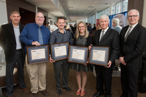 WorkSafeNB announced the recipients of its 2018 Safety Star Awards at its annual Health and Safety Conference in Fredericton on Friday, October 5. From left: <b>Tim Petersen</b>, Vice-President of Prevention, WorkSafeNB; <b>Benjamin Kelly</b>, Health and Safety Educator Award (anglophone) recipient, Caledonia Regional High School; Ricky Laboissonnière, Health and Safety Educator Award (francophone) recipient, École Louis-J.-Robichaud; <b>Nikol Ralcheva</b>, Health and Safety Leader Award recipient, Fredericton Multicultural Association; <b>Peter Morgan</b>, Health and Safety Champion Award recipient, City of Saint John; <b>Douglas Jones</b>, President and CEO, WorkSafeNB. <i>Photo: Stephen MacGillivray/For WorkSafeNB</i>