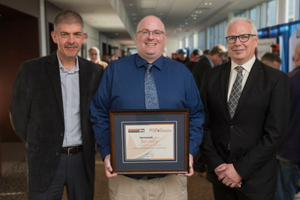 WorkSafeNB announced the recipients of its 2018 Safety Star Awards at its annual Health and Safety Conference in Fredericton on Friday, October 5. From left: <b>Tim Petersen</b>, Vice-President of Prevention, WorkSafeNB; <b>Benjamin Kelly</b>, Health and Safety Educator Award (anglophone) recipient, Caledonia Regional High School; and <b>Douglas Jones</b>, President and CEO, WorkSafeNB. <i>Photo: Stephen MacGillivray/For WorkSafeNB</i>