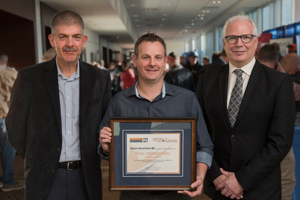 WorkSafeNB announced the recipients of its 2018 Safety Star Awards at its annual Health and Safety Conference in Fredericton on Friday, October 5. From left: <b>Tim Petersen</b>, Vice-President of Prevention, WorkSafeNB; <b>Ricky Laboissonnière</b>, Health and Safety Educator Award (francophone) recipient, École Louis-J.-Robichaud; and <b>Douglas Jones</b>, President and CEO, WorkSafeNB. <i>Photo: Stephen MacGillivray/For WorkSafeNB</i>