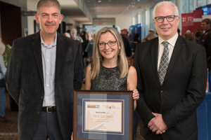 WorkSafeNB announced the recipients of its 2018 Safety Star Awards at its annual Health and Safety Conference in Fredericton on Friday, October 5. From left: <b>Tim Petersen</b>, Vice-President of Prevention, WorkSafeNB; <b>Nikol Ralcheva</b>, 2018 Health and Safety Leader Award recipient, Fredericton Multicultural Association; and <b>Douglas Jones</b>, President and CEO, WorkSafeNB. <i>Photo: Stephen MacGillivray/For WorkSafeNB</i>