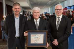 WorkSafeNB announced the recipients of its 2018 Safety Star Awards at its annual Health and Safety Conference in Fredericton on Friday, October 5. From left: <b>Tim Petersen</b>, Vice-President of Prevention, WorkSafeNB; <b>Peter Morgan</b>, 2018 Health and Safety Champion Award recipient, City of Saint John; and <b>Douglas Jones</b>, President and CEO, WorkSafeNB. <i>Photo: Stephen MacGillivray/For WorkSafeNB</i>